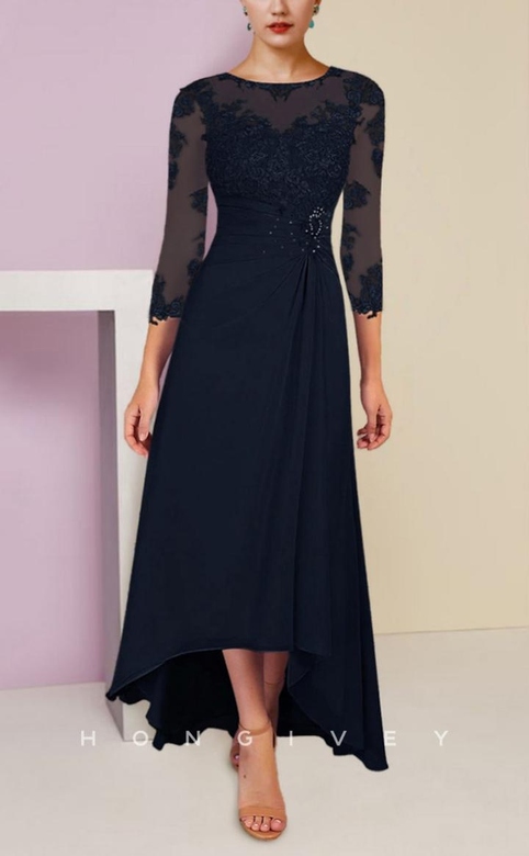 Elegant A-Line Scoop 3/4 Sleeves Appliques Ruched Mother's Gown