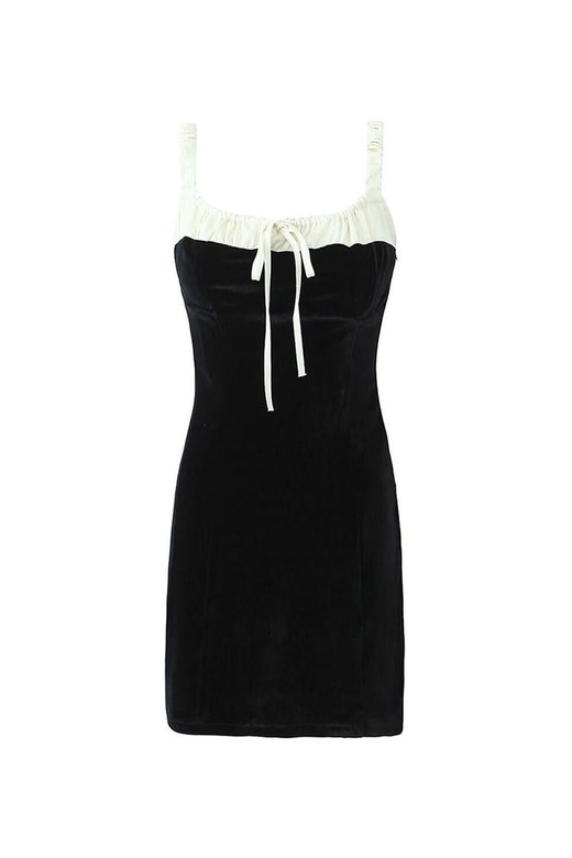 Sexy Bow Tie Suspender Strap Contrast Velvet Bodycon Mini Dress