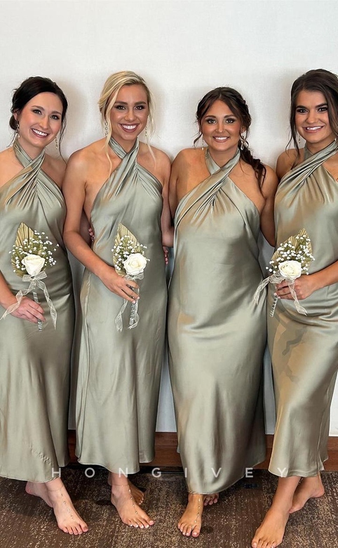 Sexy Satin Fitted Halter Sleeveless Prom Bridesmaid Dress