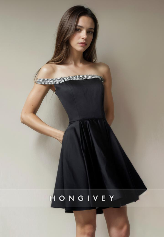 Satin A-Line Beaded Off-Shoulder Short Party Homecoming Gown