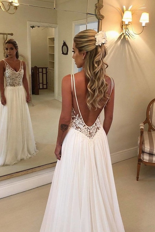 A-Line V-Neck Wide Strap Floor Length Backless Applique Wedding Gown