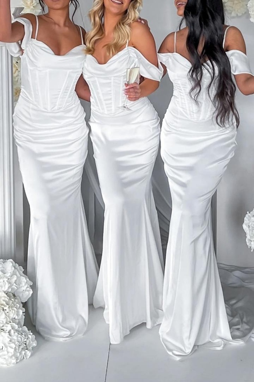 Off-Shoulder Spaghetti Straps Ruched Satin Sheath Gown