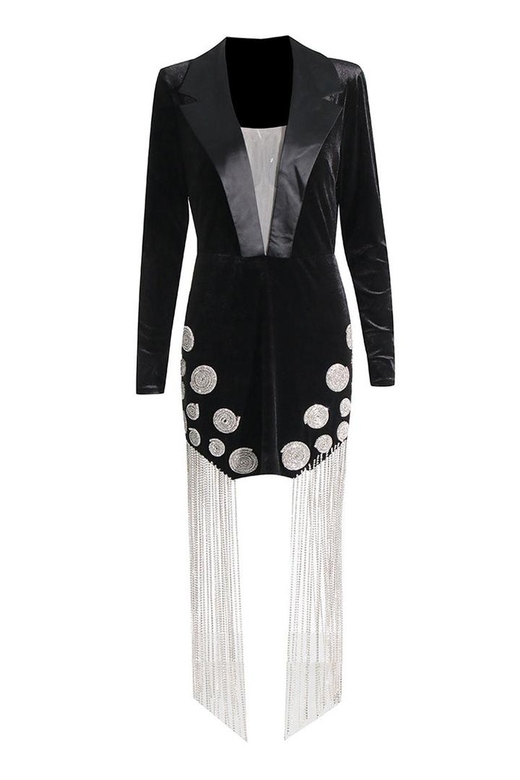 Sparkly Rhinestone Fringe Satin Lapel Plunge Velvet Bodycon Mini