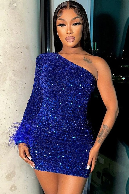 Royal Blue Sparkly One Shoulder Bodycon Velvet Feather Sequin Party Mini Dress