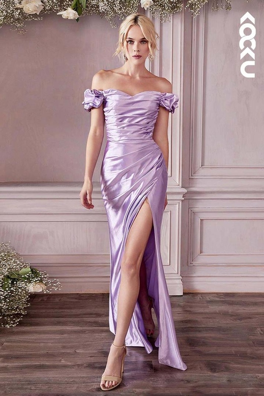 Off-Shoulder Ruched Satin Sheath Long Bridesmaid Gown