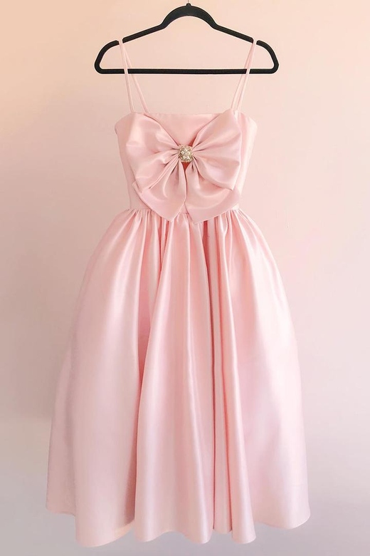 Spaghetti Straps Ruched Satin A-Line Mini Homecoming Gown with Bow