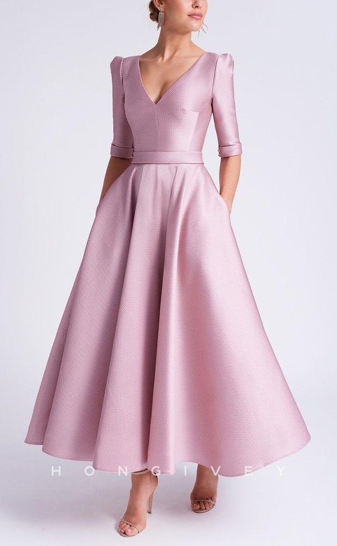 Chic Satin A-Line V-Neck Half Sleeves Pockets Mother of the Bride Gown