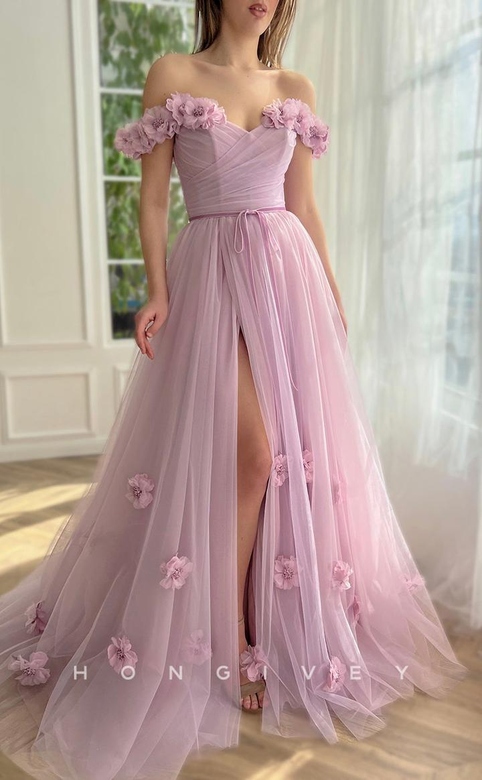 Sexy Tulle A-Line Off-Shoulder Floral Embossed Gown