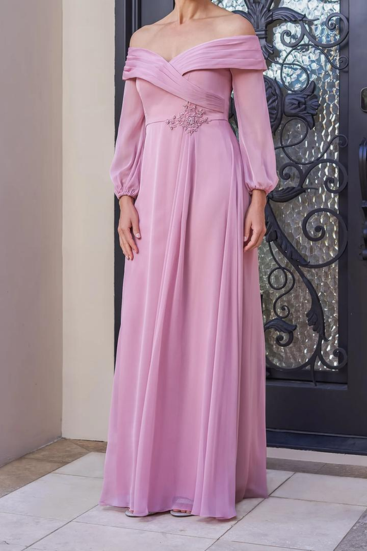 Off-Shoulder Long Sleeves Ruched Chiffon A-Line Mother of the Bride Gown