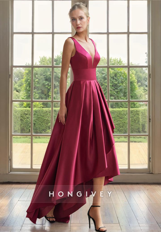 Satin A-Line V-Neck Sleeveless High-Low Mother-of-the-Bride Gown