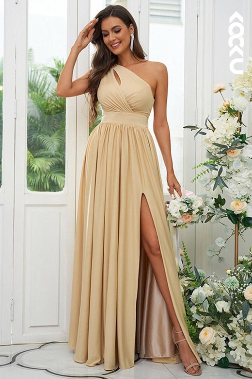 V-Neck Short Sleeves Satin A-Line Long Bridesmaid Dress with Side Slit