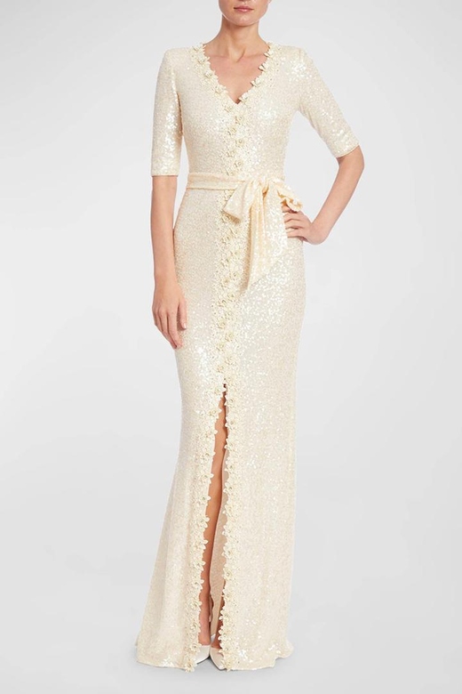 V-Neck Half Sleeves Floral Sequined Sheath Bride's Mother Dress