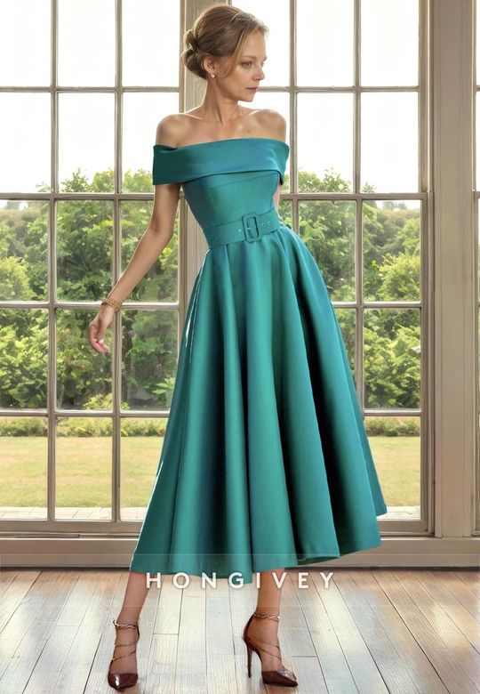 Elegant Satin A-Line Off-Shoulder Sleeveless Mother of the Bride Dress