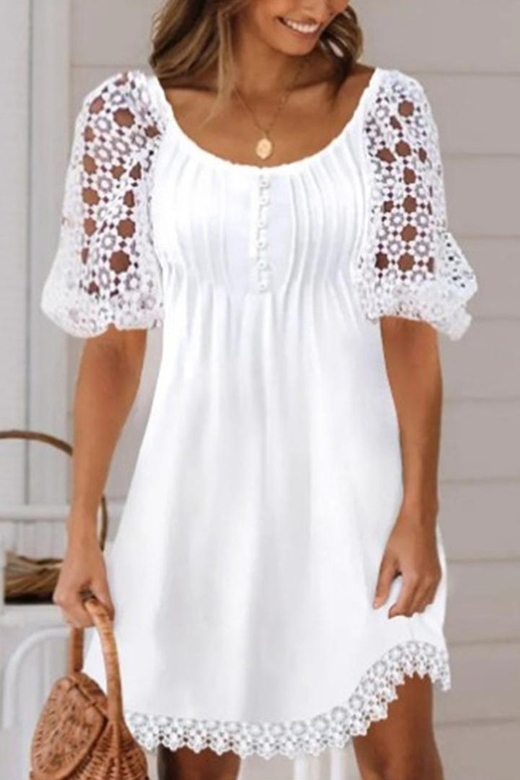 Casual Solid Lace Hollowed Out O-Neck A-Line Dresses