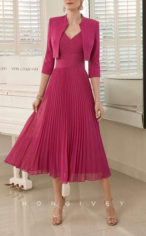 Alluring Satin A-Line Two-Piece V-Neck 3/4 Sleeves Ruched Gown