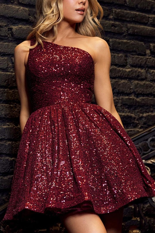 Simple One Shoulder Sleeveless Sequined A-Line Mini Homecoming Gown