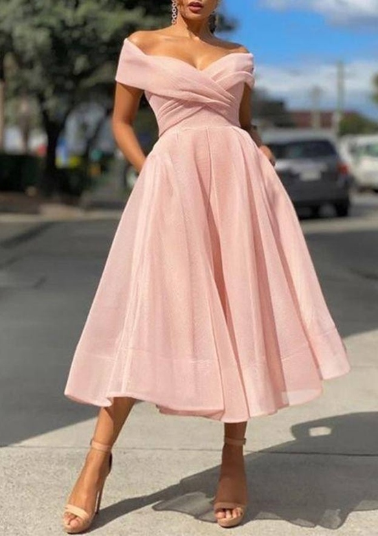 A-Line Off-the-Shoulder Short Sleeve Tea-Length Tulle Homecoming Dress with Pleated Pockets