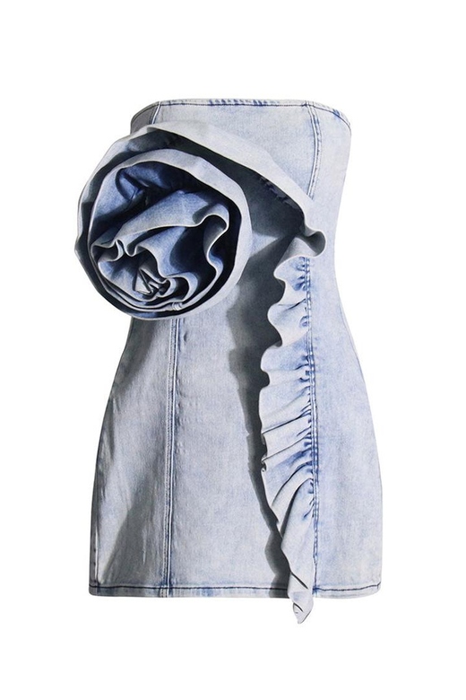 Striking Big Rosette Ruffled Trim Strapless Mini Denim Dress