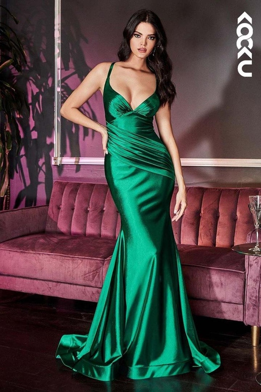 V-Neck Ruched Satin Mermaid Long Bridesmaid Wedding Dress