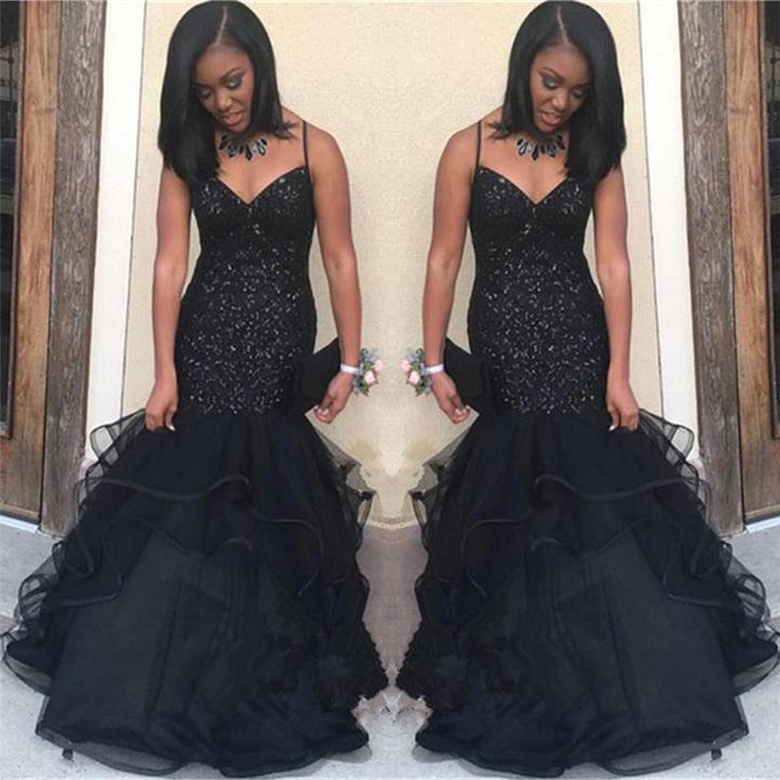 Sparkling Sequins Straps Black Prom Gown, Ruffled Tiered Puffy Tulle