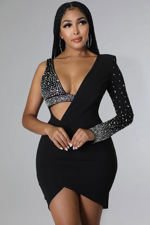 Black Asymmetrical Crystal Bra Long Sleeve Cutout Bodycon Party Mini Dress