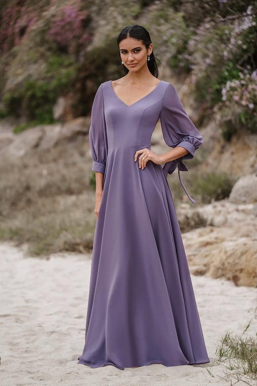 V-Neck Long Sleeves Chiffon A-Line Bow Bridesmaid Gown