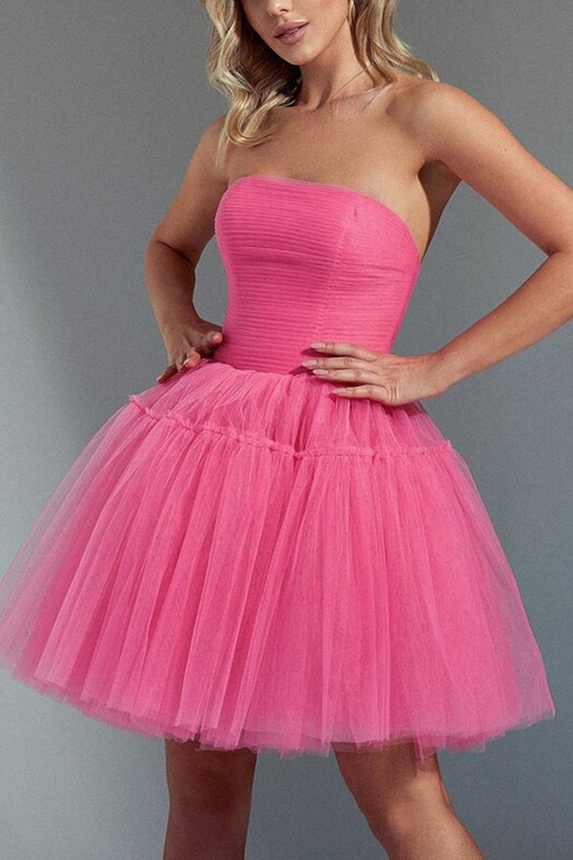 Strapless Sleeveless Ruched Tulle A-Line Mini Homecoming Gown