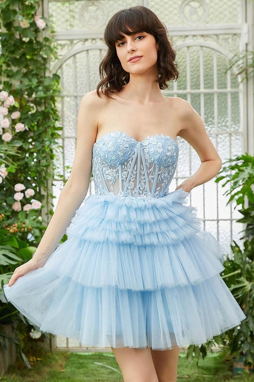 Sweetheart Strapless Appliqued Sheer Tulle A-Line Mini Homecoming Gown