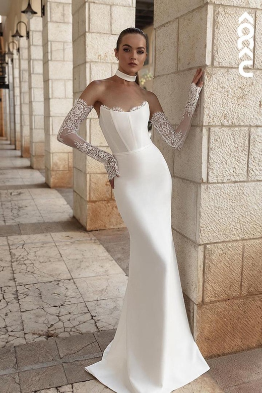 Elegant Lace Applique Sleeves Off-Shoulder Sheath Wedding Dress