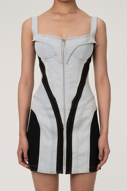 Unique Color Block Front Zip Bodycon Spliced Denim Mini