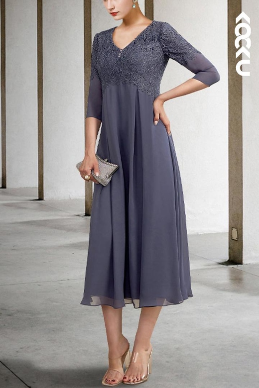 A-Line Elegant Chiffon V-Neck Applique Mother of the Bride Formal Gown