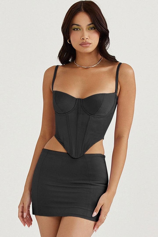 Sexy Black Crop Bustier Satin Top Low Waist Two-Piece Mini Dress