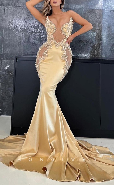 Sexy Satin Trumpet Glitter Asymmetrical Sleeveless Gown