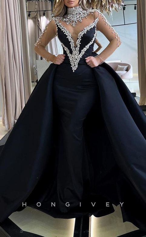 Sexy Satin Glitter High Neck Long Sleeve Beaded Gown