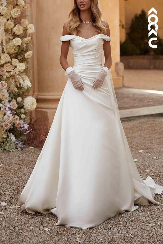 Bateau Off-Shoulder Sleeveless Ruched Satin Wedding Gown