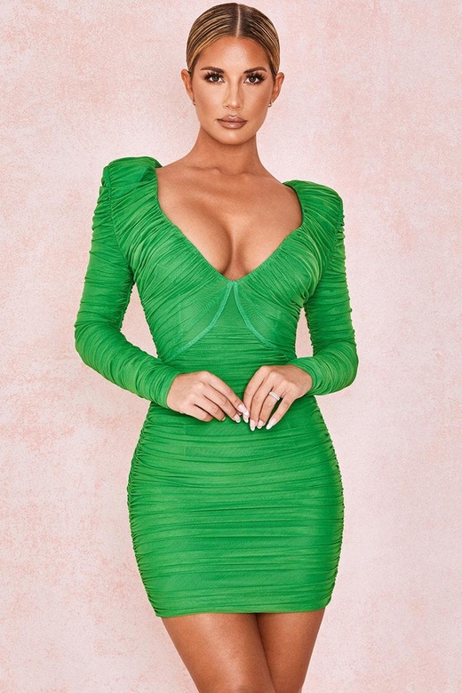 Green Long Sleeve Ruched Mesh Mini Bandage Dress