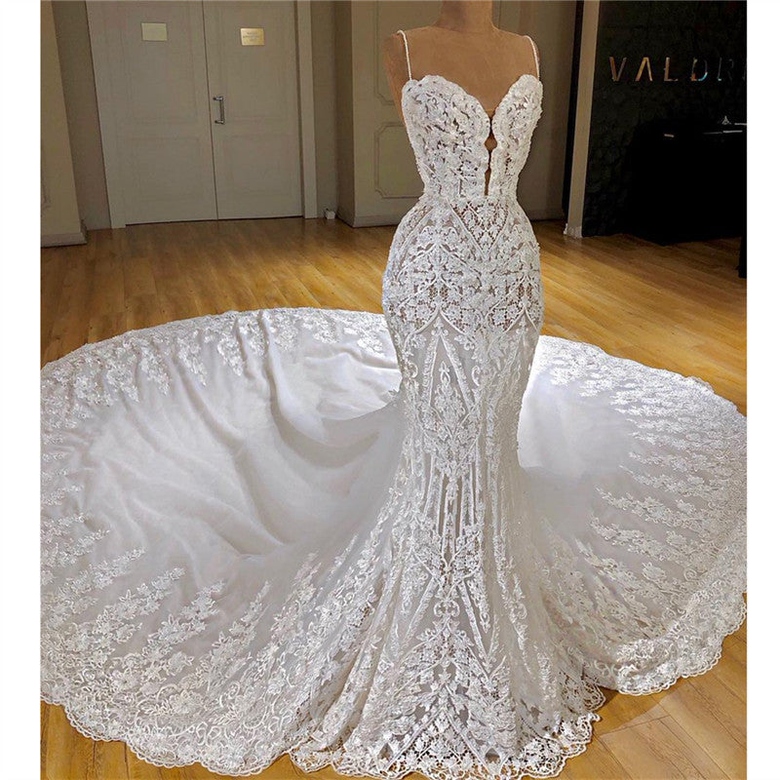 Glamorous Mermaid White Lace Wedding Dress, Spaghetti Straps