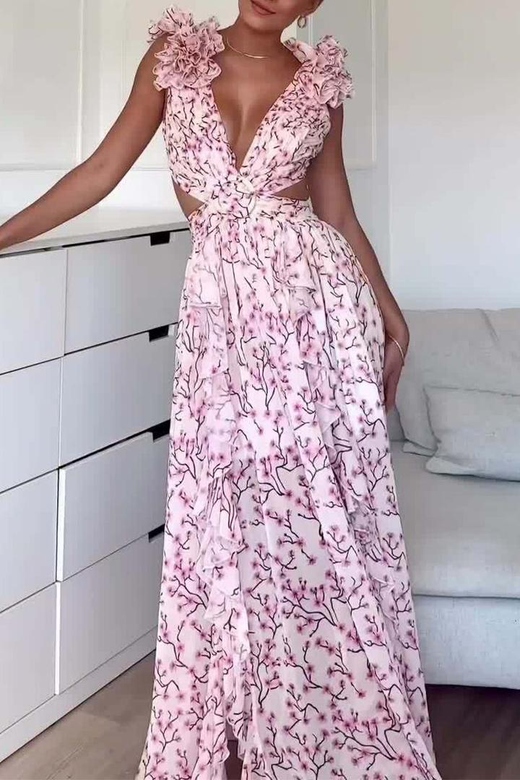 Sweet Elegant Flowers Stringy Selvedge V-Neck A-Line Gown