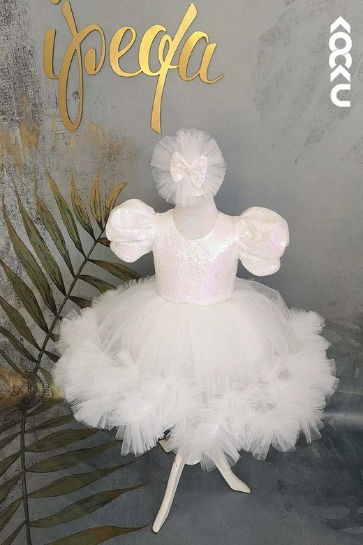 V-Neck Satin Tulle Baby Girl Gown with Detachable Trail