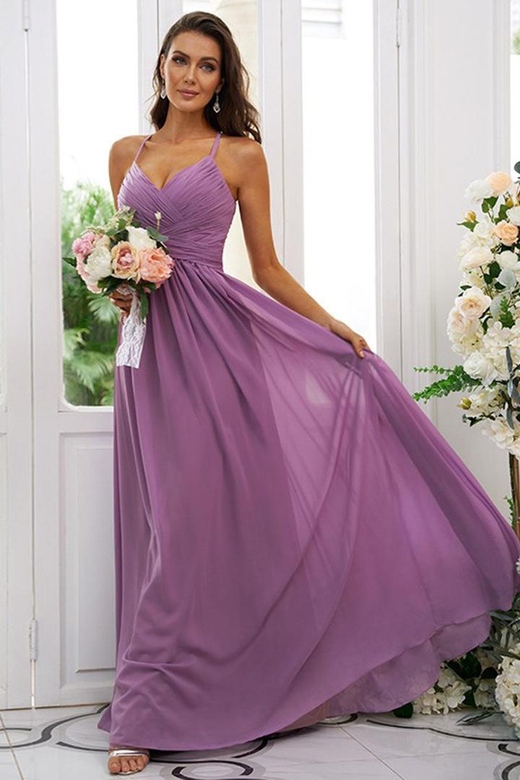 V-Neck Spaghetti Straps Ruched Chiffon A-Line Bridesmaid Formal Gown