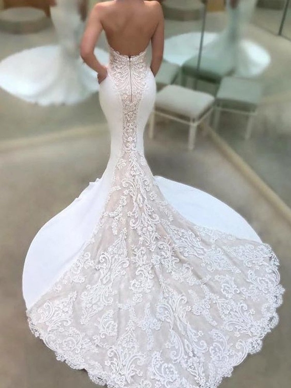 Modern Strapless Lace Wedding Dress, Classic Mermaid Open Back