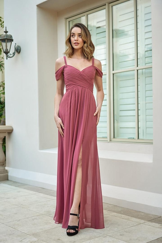 Off-Shoulder Ruched Chiffon A-Line Long Bridesmaid Dress with Side Slit