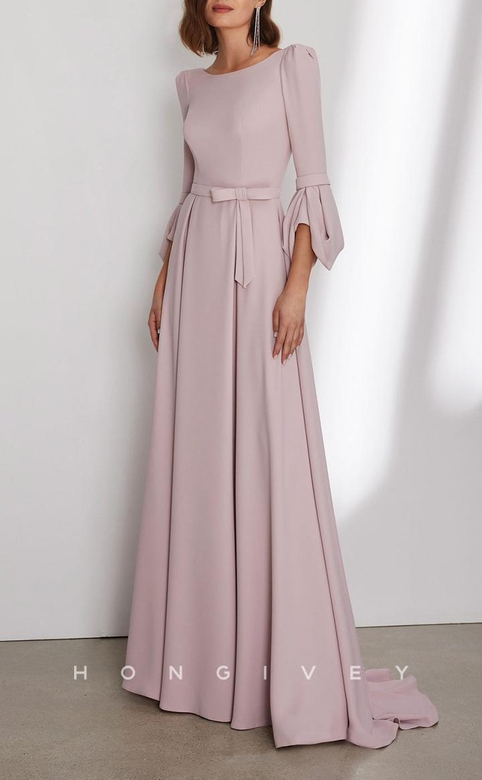 Chiffon A-Line Scoop 3/4 Sleeves Belt Train Cocktail Gown