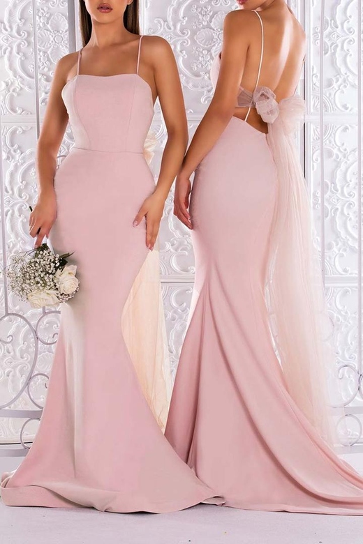 Spaghetti Straps Sleeveless Satin Mermaid Long Bridesmaid Dress with Bow