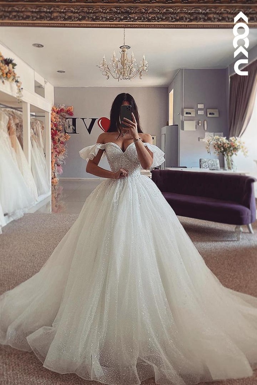 Couture & Ornate Off-Shoulder Cap Sleeves A-Line Sequins Tulle Gown