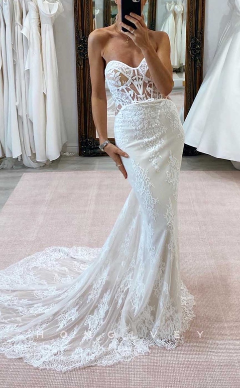 Sweetheart Trumpet Lace Applique Illusion Train Wedding Dress