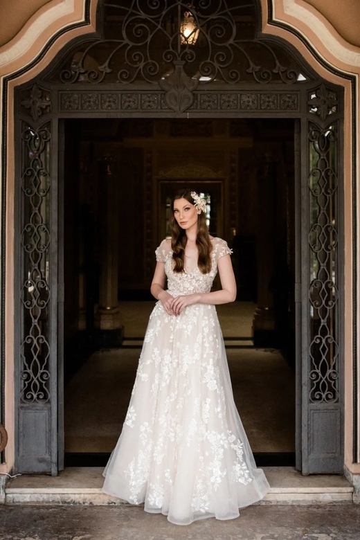 Elegant Long A-line V-neck Wedding Dress with Cap Sleeves