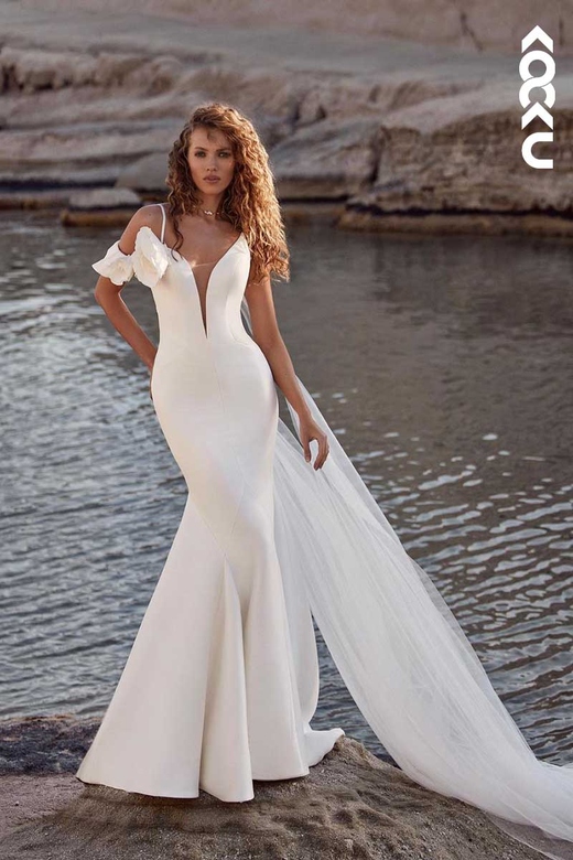 Deep V-Neck Asymmetrical Floral Mermaid Wedding Gown