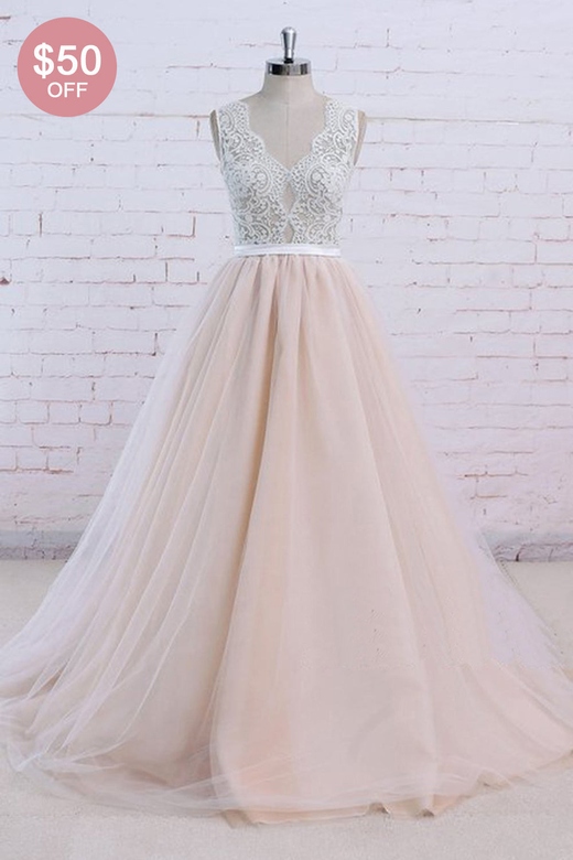 Affordable Blush Pink Tulle Wedding Gown with Ivory Lace