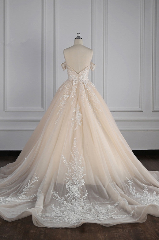 Gorgeous Ball Gown Tulle Lace Wedding Dress with Champagne Appliques Off-Shoulder